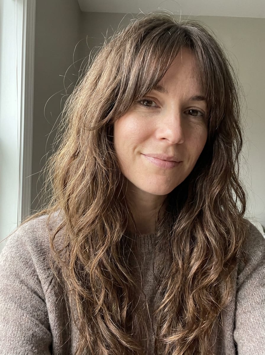 Lange wellige Haare mit Curtain Bangs - Lange Haare mit Pony